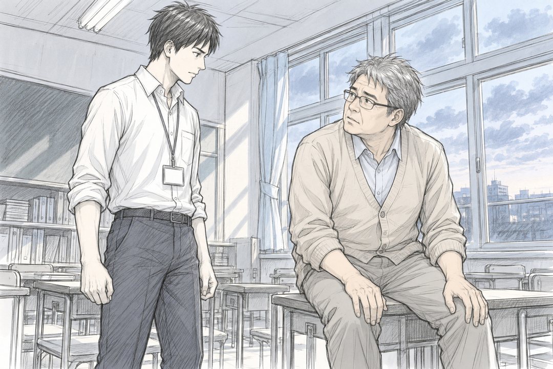 年配の教師が生徒の机に軽く腰かけ、若い教師を見上げて話す。若い教師は立ったまま、眉を寄せて聞いている。窓の外は暮れかけの白い曇り空。