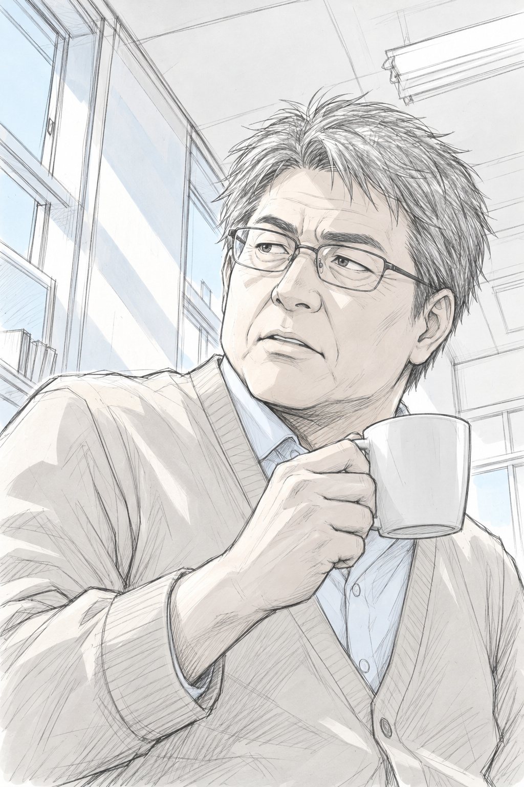 年配の教師の顔の寄りを少し下から。白いカップを持ち上げかけた手を止め、眼鏡の奥の目を細めて低い声で話す。