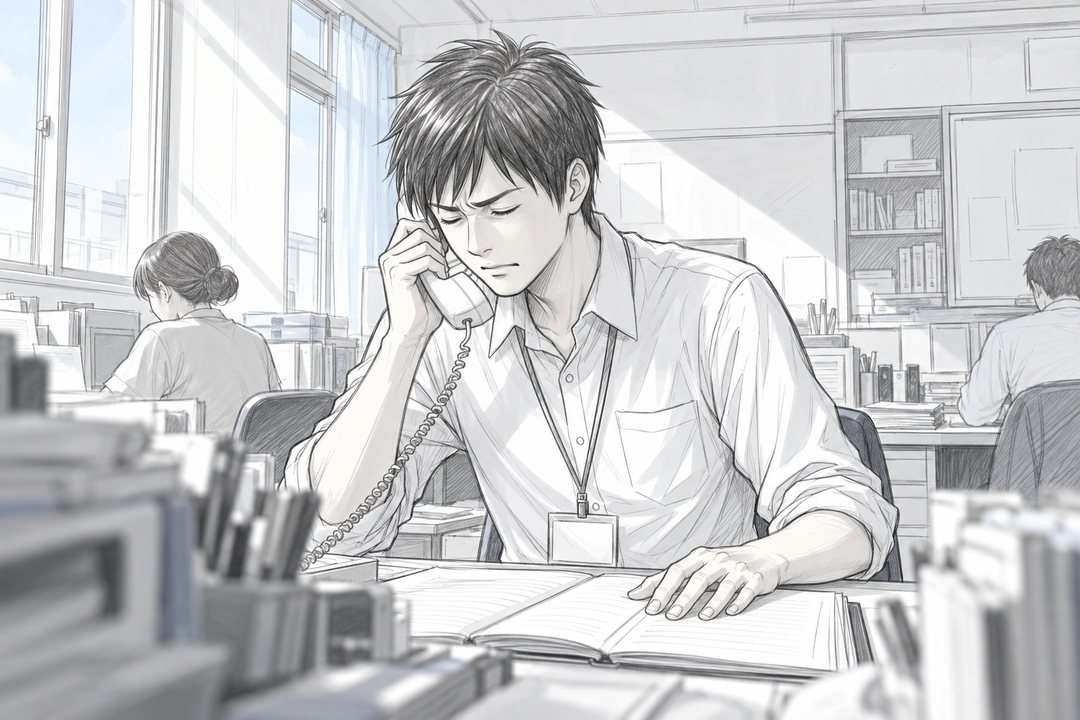 朝の職員室。手前の文具や書類越しに、受話器を耳に当てた若い教師を見る。教師は目を閉じて息を整え、片手を開いた出席簿（字は無い）に置く。窓から白い朝の光。