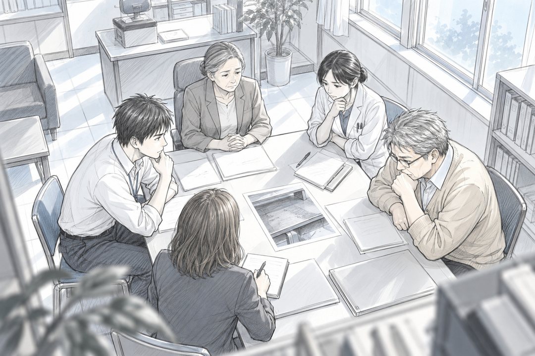 校長室の机を囲む5人を斜め上から。白い窓の光。50代の女性の校長、白衣の養護教諭、ノートを開いた40代のスクールカウンセラー（3人の顔は小さく）、眼鏡の年配の教師（右）、若い教師（左）。机の上に、机の板の写真（字は読めない）。