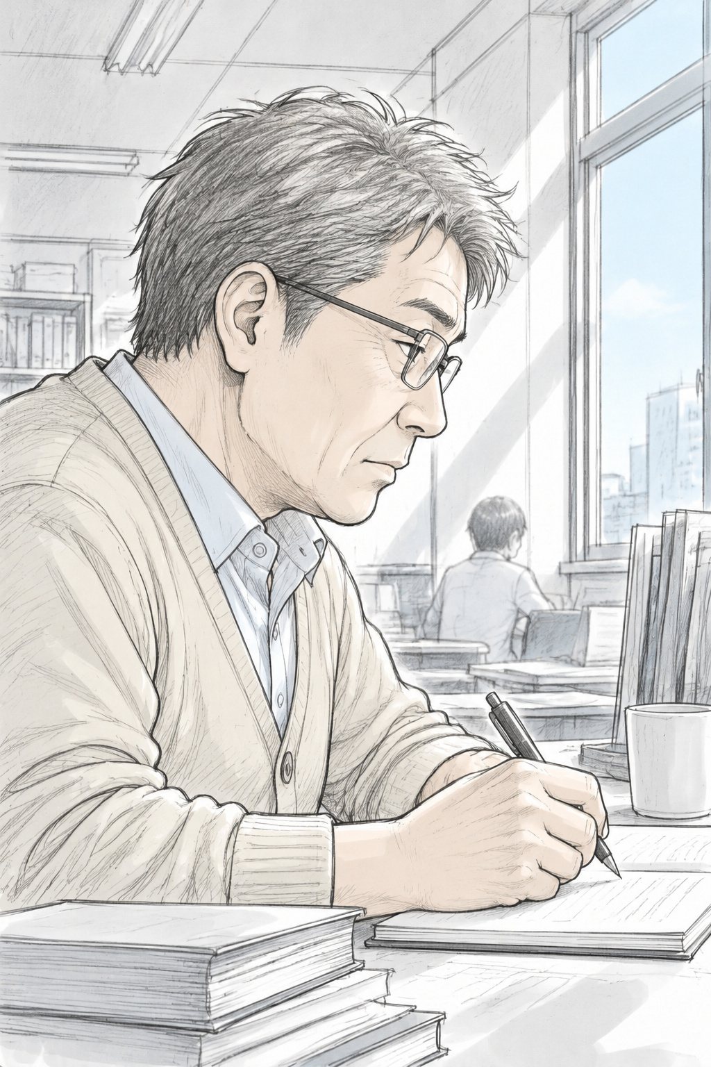 年配の教師の横顔の寄り。カップを机に置き、ペンを持って紙に書き込みながら、低い声で話す。