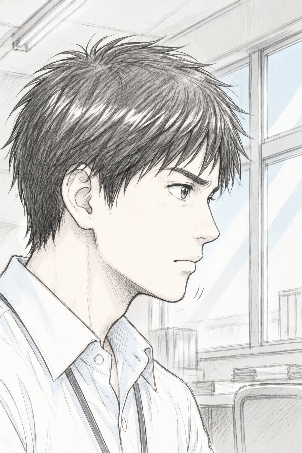 若い教師の横顔の寄り。同じ向きを向き、口を結んで小さくうなずく。