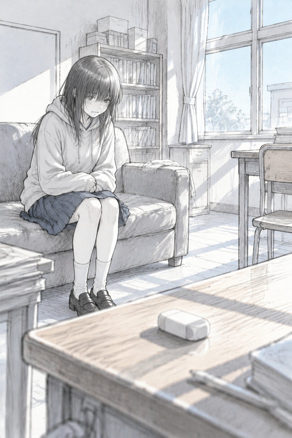 3階の空き教室を使った静かな部屋。古いソファの端に、灰色のパーカーの女の子が浅く腰かける。手前の机の上に、新しい消しゴムが1つ置かれる。窓の白い光。