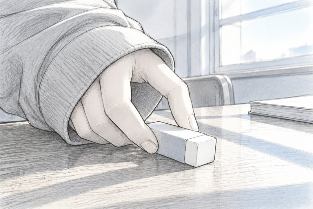 女の子の手が、新しい消しゴムを指先でつまむ大写し。パーカーの袖が手の甲までかかる。