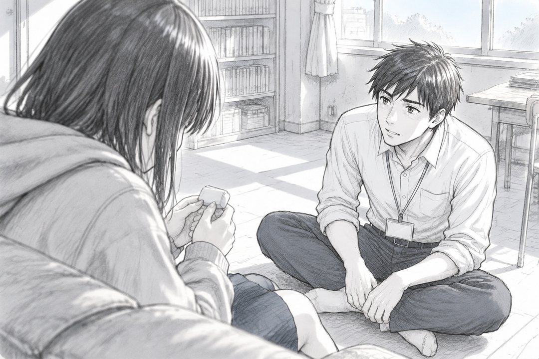 若い教師が床にあぐらをかき、ソファの女の子より低い目線で話しかける。女の子の肩越しに見る。