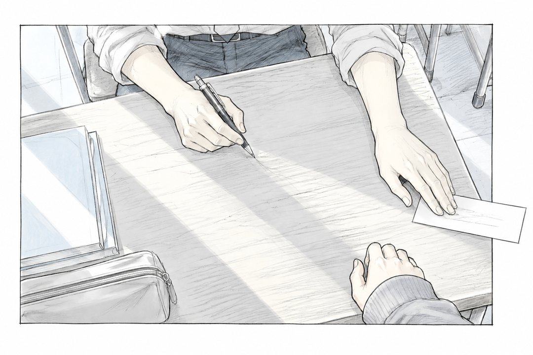 真上から見た机の上。ペンを持った若い教師が、もう片方の手で小さなメモの紙を女の子の方へすべらせる。メモの端が絵の枠の外へはみ出す(字は読めない)。手前に、パーカーの袖の女の子の手。