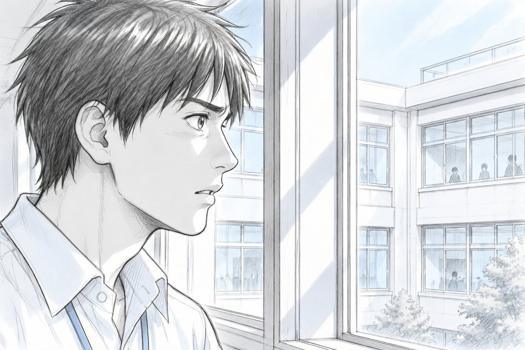 若い教師の横顔の大写し。眉を寄せ、口を少し開けて、窓の外の校舎の反対側の棟を見る。白い窓の光が鼻筋に当たる。