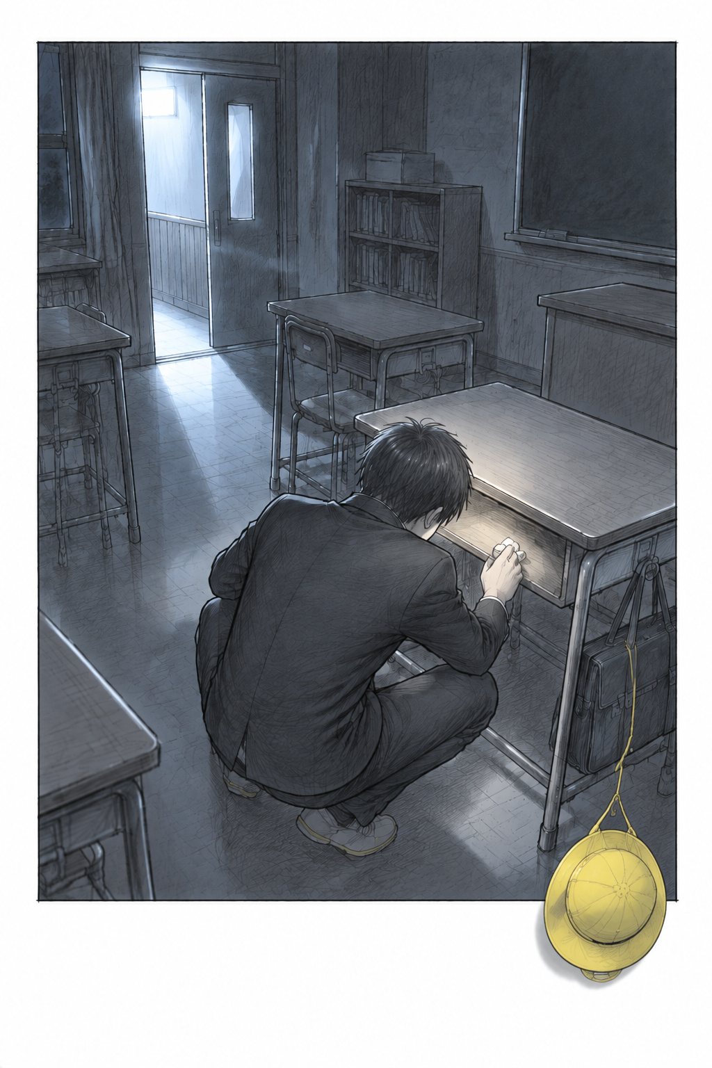 暗い教室。開いた戸口から、廊下の非常灯の白い光だけが入る。机の前に学生服の男子が背を丸めてしゃがみ、消しゴムで机の中をこすっている。机の横の通学かばんから、小さな黄色い通園帽が絵の枠の下へぶら下がる。