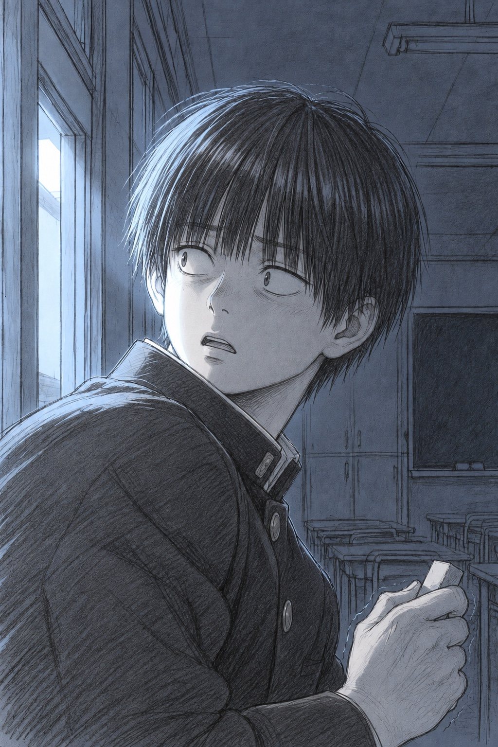 振り向いた男子中学生の顔の寄り。消しゴムを握ったまま、目を見開いて固まる。非常灯の白い光が横顔を切る。