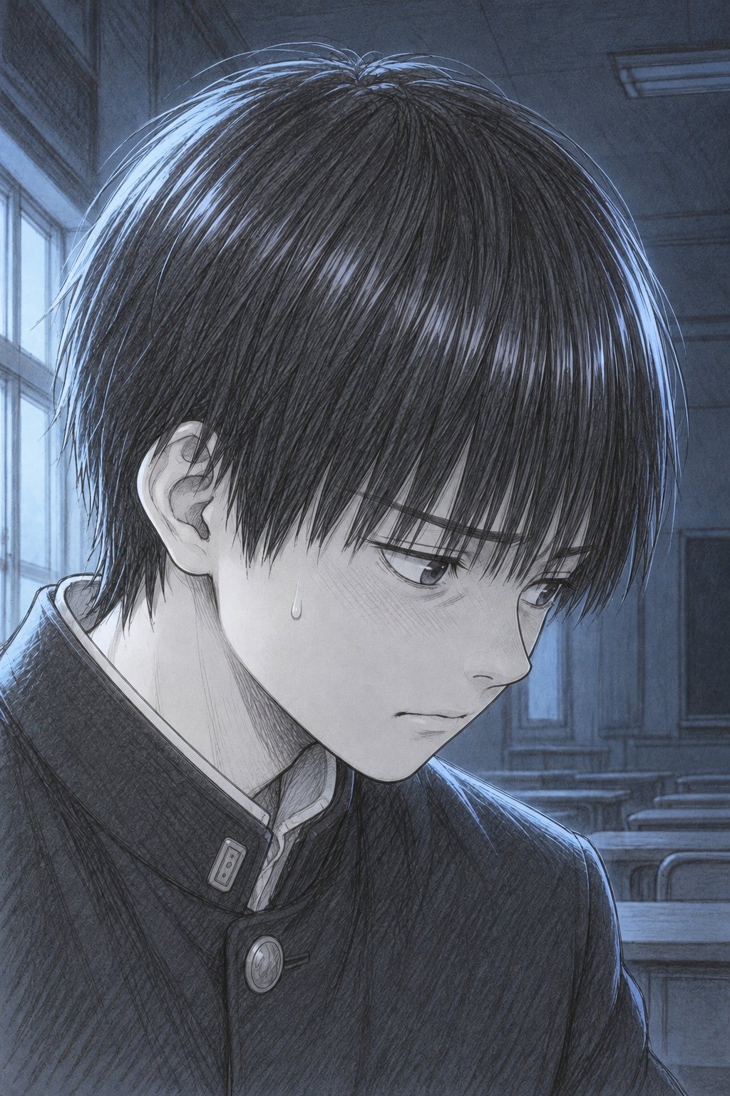 男子中学生の顔の寄り。口を固く結び、目を伏せる。こめかみに汗。黒い学生服の襟。