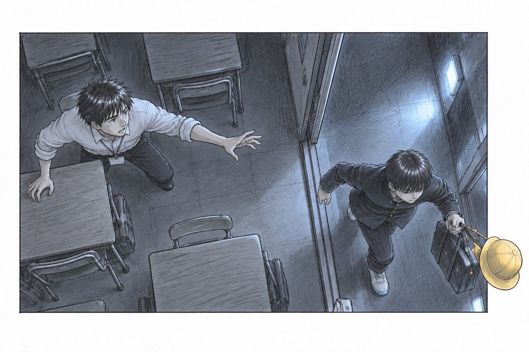 真上から見た教室の出入口。男子がかばんをつかんで廊下へ駆け出し、かばんの黄色い通園帽が大きく揺れる。机の間に、腰を浮かせた若い教師が、伸ばしかけた手を止めて取り残される。