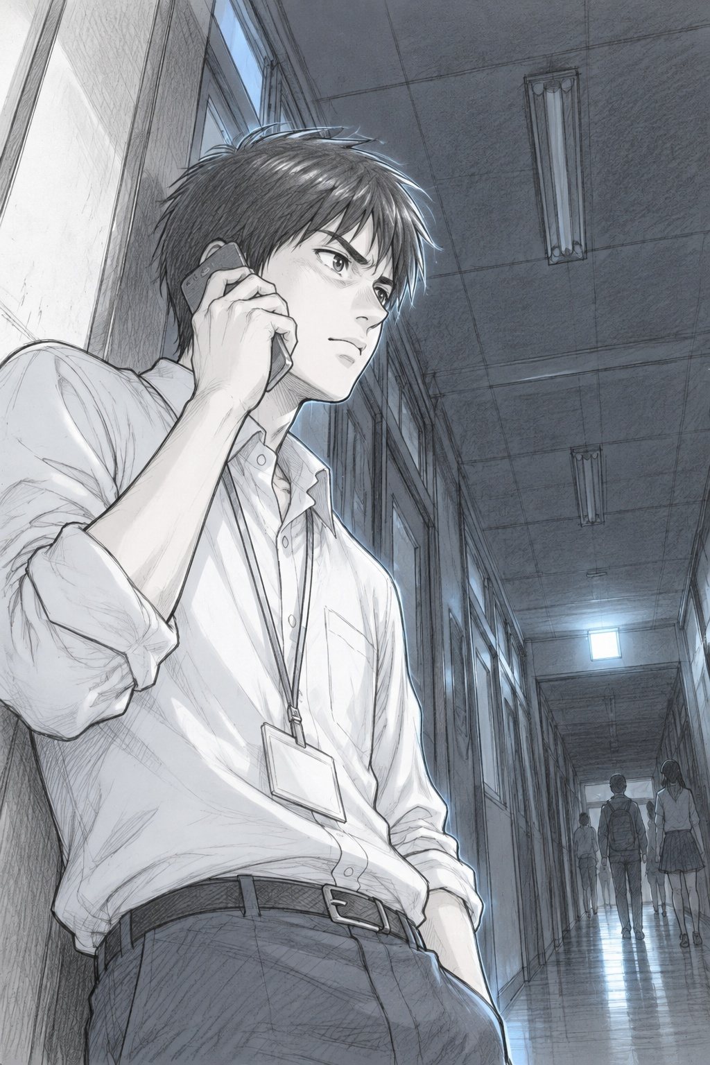 暗い廊下。若い教師が壁に背をつけ、スマートフォンを握る指に力を込めて耳に当て、口を固く結ぶ。下から見上げる角度。非常灯の白い光。