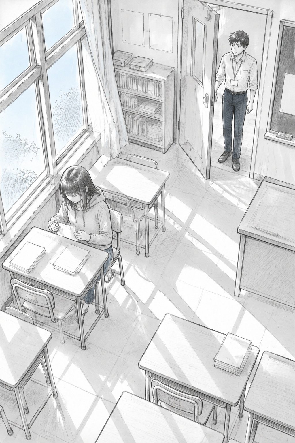 3階の静かな部屋を高い所から。窓際の机で、パーカーの女の子がプリントの端を小さく折っている。入口に若い教師が立つ。