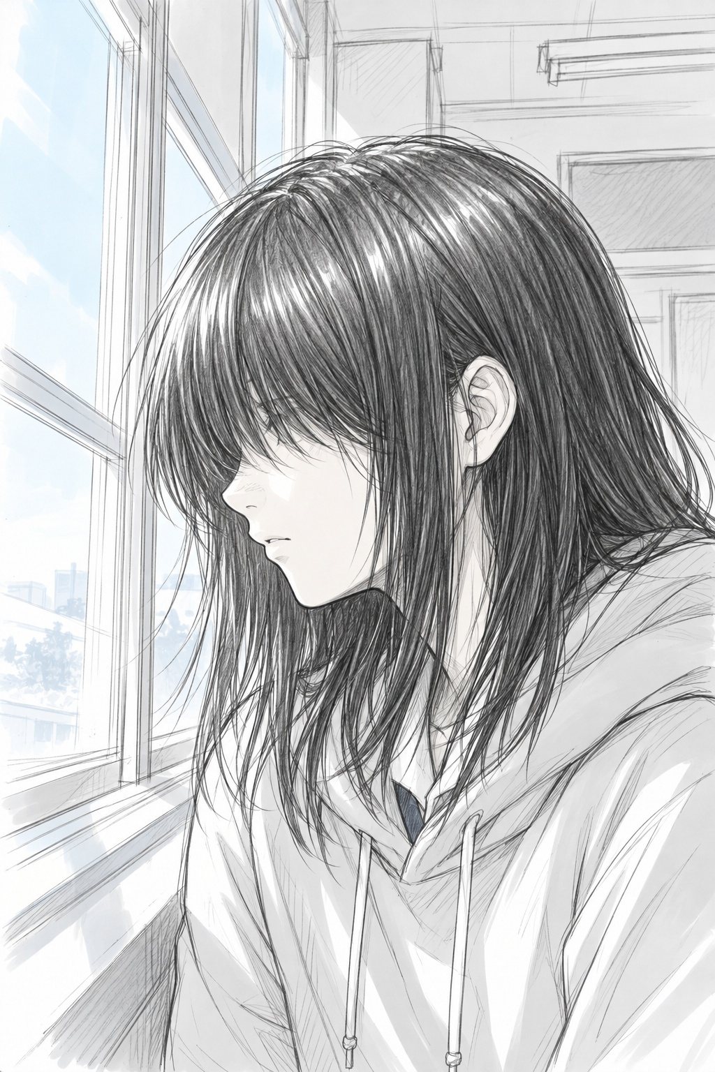 女の子の横顔の大写し。前髪の奥の目が窓の外を見る。窓の白い光が頬の輪郭に当たる。