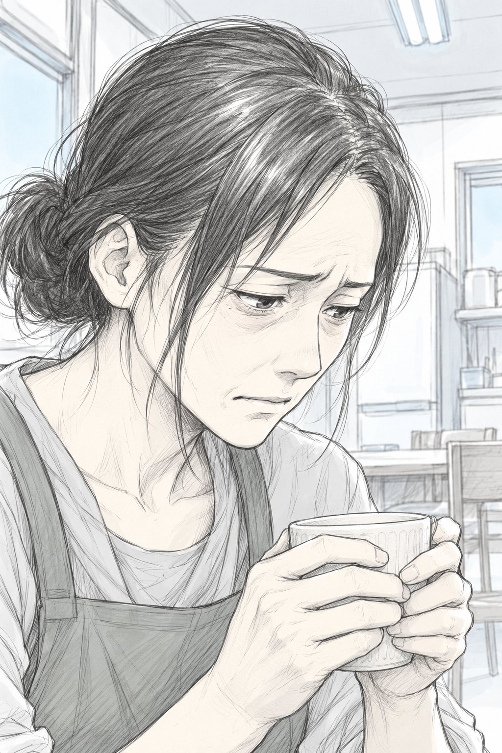 母親の顔の寄り。目尻のしわと、疲れた目の下のくま。両手で湯のみを包む。