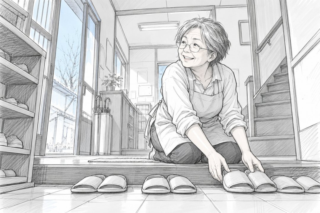 玄関の上がりかまち。50代後半の女性が膝をつき、来客用のスリッパを並べながら、左の来た人を見上げて笑う。白髪まじりの短い髪、丸い眼鏡、エプロン、目尻の笑いじわ。