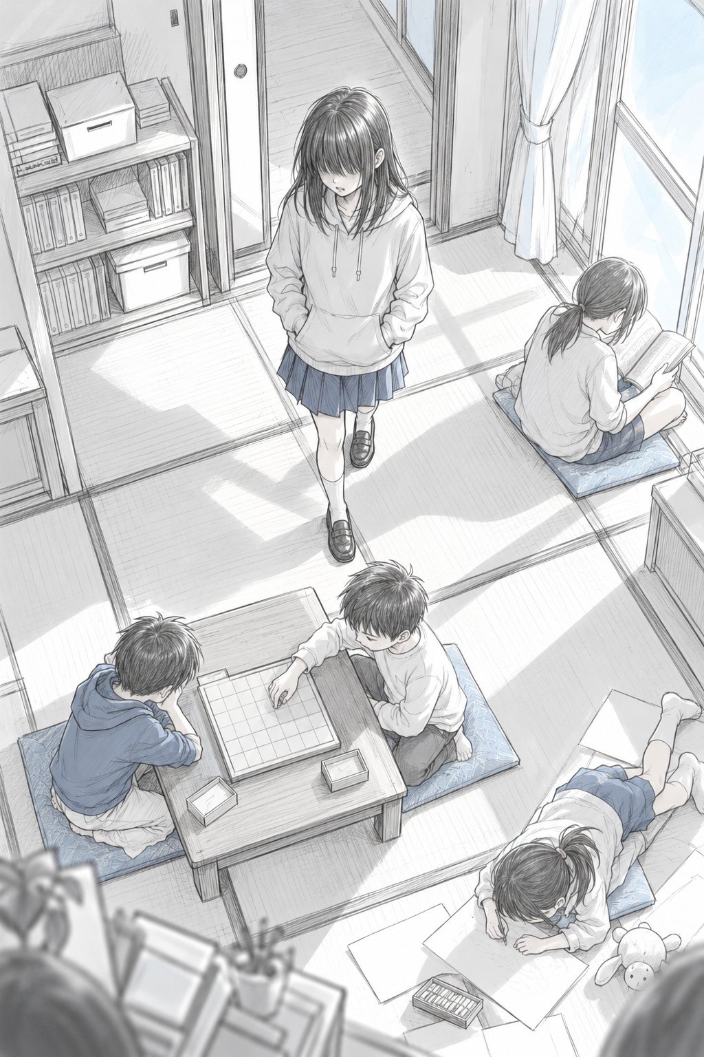 畳の大きな部屋を高い所から。ボードゲームを囲む小学生2人、窓辺で本を読む中学生、床に寝そべって絵を描く子。入口で、パーカーの女の子が一歩だけ中に入る。