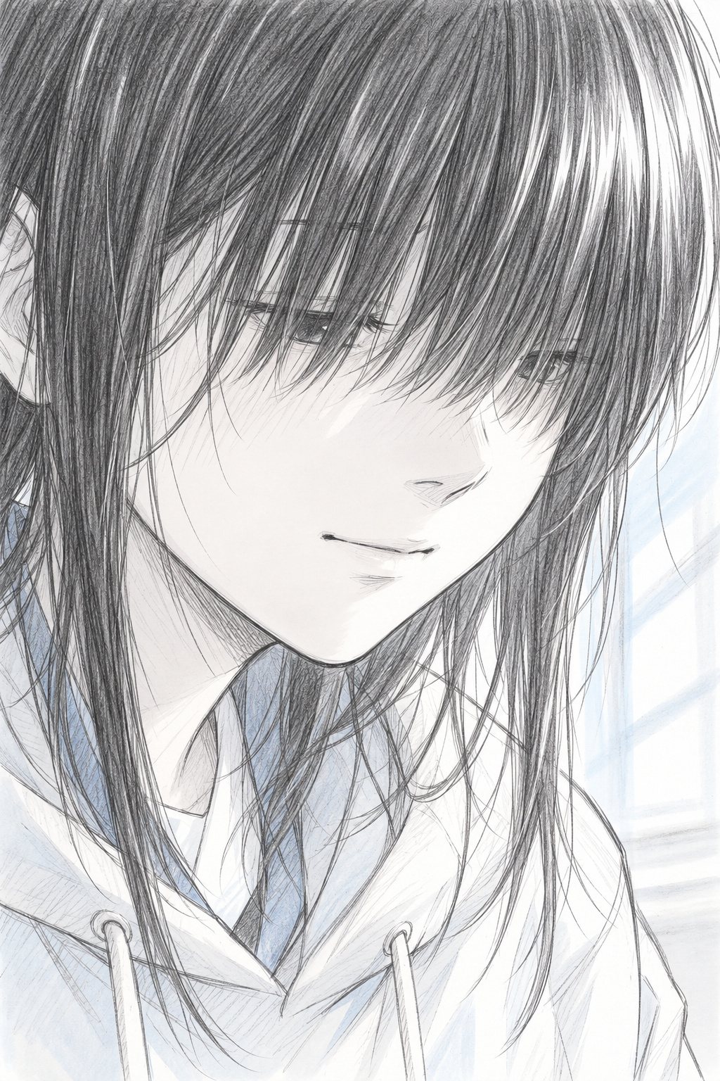 女の子の口元の寄り。前髪の下で、口の端が少しだけ上がる。