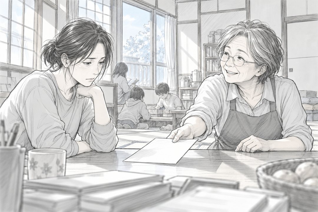 低い机をはさんで、母親（左）とフリースクールの代表（右）が向き合う。代表が字の無い紙を母親の方へ差し出す。奥で子どもたちが机に向かう。窓の白い光。