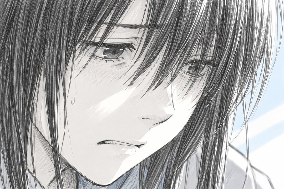 女の子の顔の寄り。前髪の隙間の目が、母親の手元へ落ちる。眉を寄せ、下唇をかむ。頬に汗が一滴。