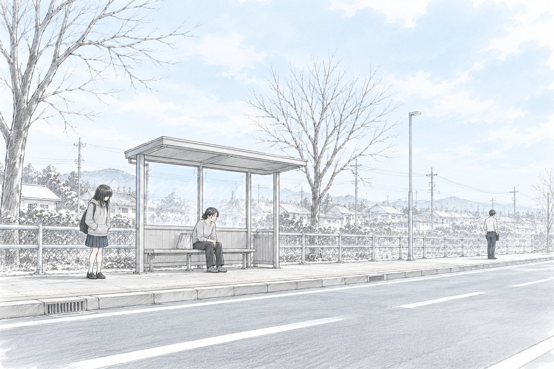 帰り道のバス停を引いて。ベンチに座る母親(中央)、少し離れて立つパーカーの女の子(左)、さらに後ろで立ち止まる若い教師の小さな背中(右)。冬の白い曇り空。