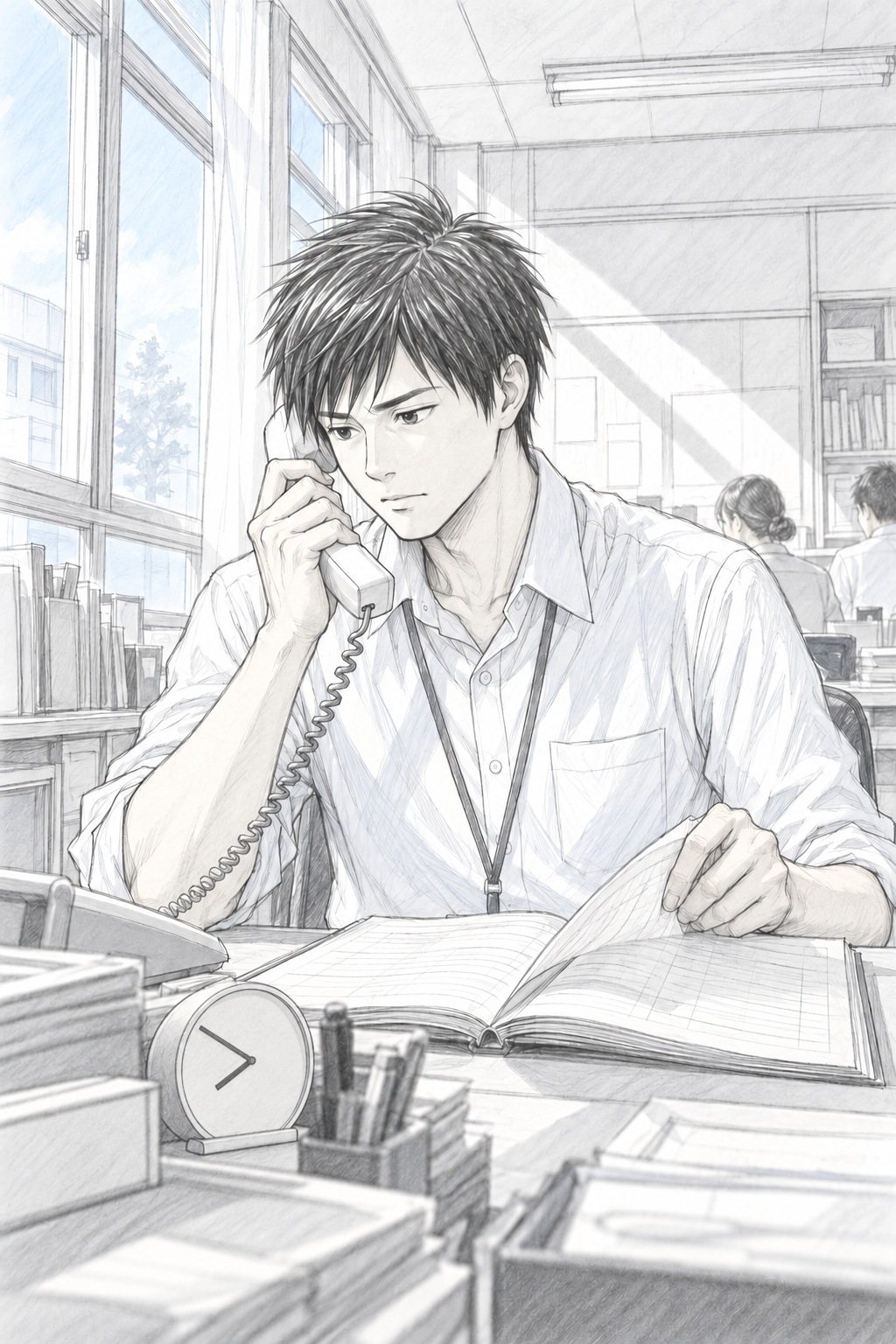 朝の職員室。机の電話の受話器を耳に当てた若い教師が、もう片方の手で出席簿を開く。手前の置き時計は7時50分すぎ。窓の白い朝の光。