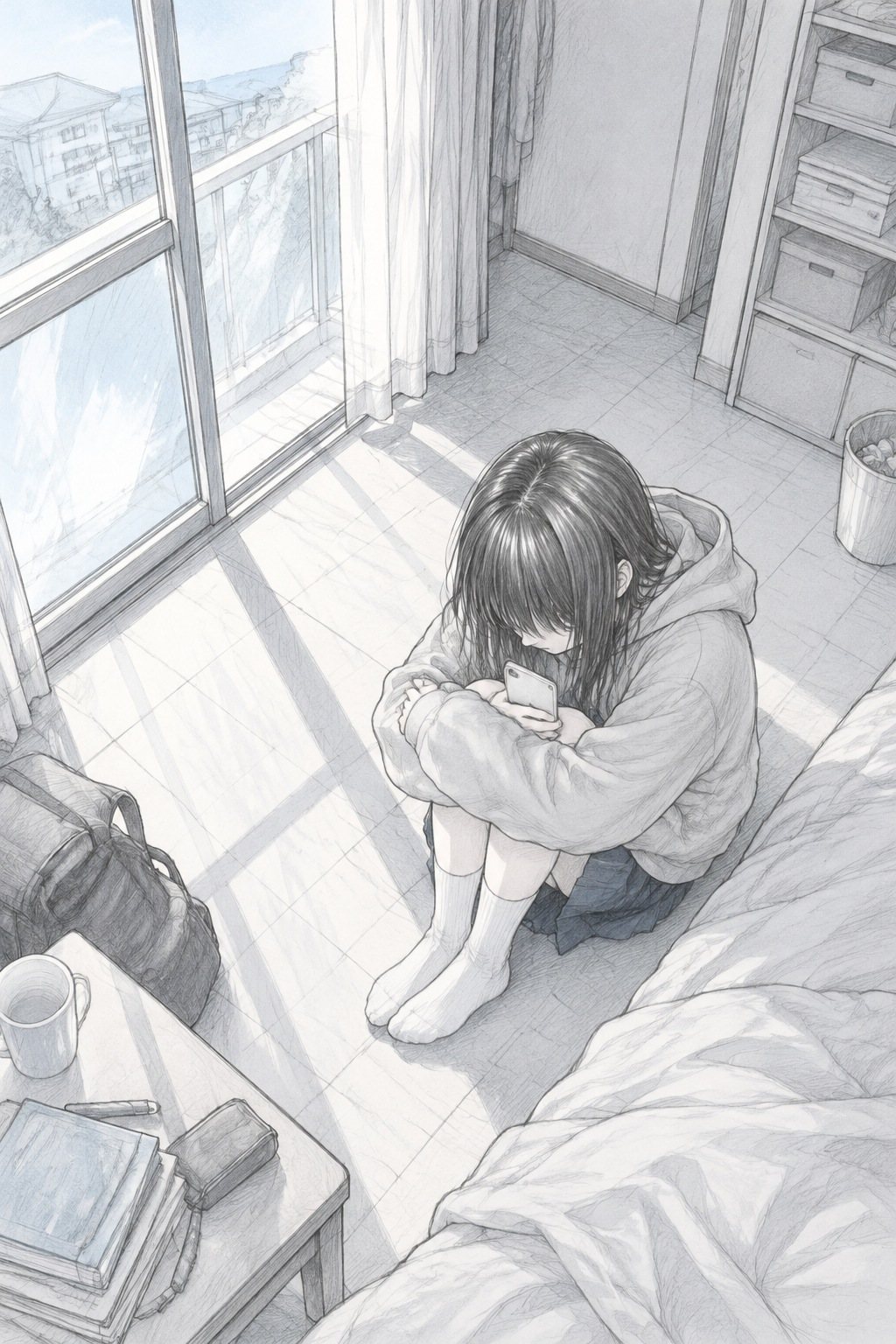 少し上から、団地の部屋の女の子。スマートフォンを持って床に座り、膝を抱える。顔は髪で隠れる。