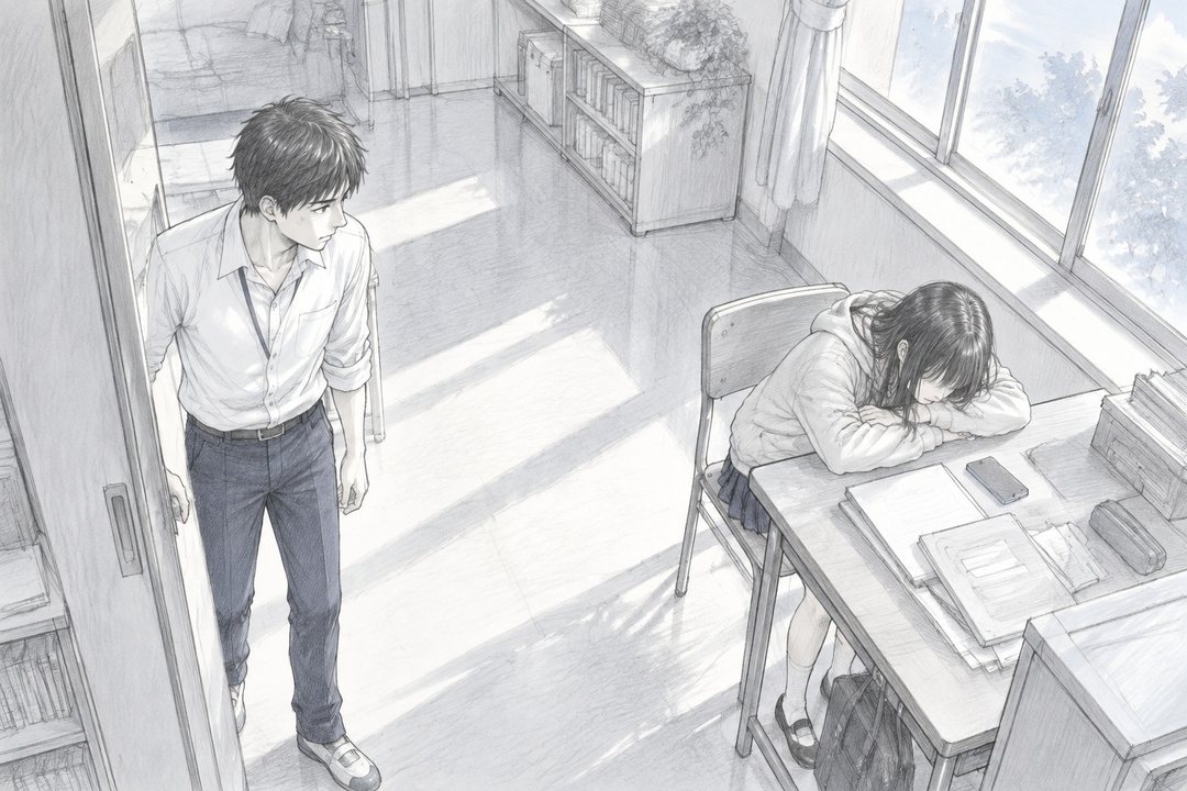 午後の3階の静かな部屋を高い所から。窓際の机で、パーカーの女の子が腕を枕にして眠っている。机の上にスマートフォン。入口に若い教師が立ち止まる。