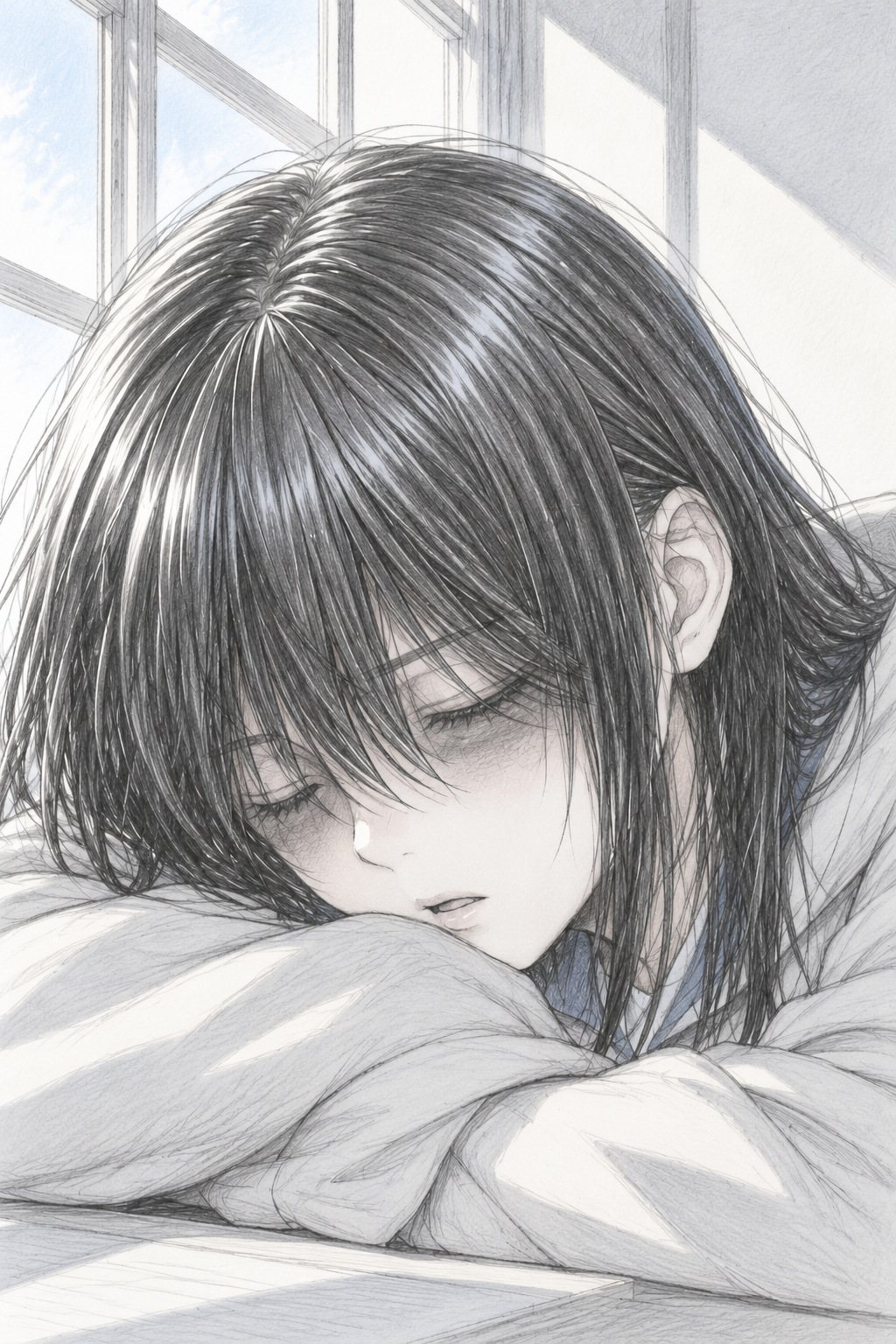 眠る女の子の顔の寄り。前髪の下の目の下に濃いくま。口が少し開いている。