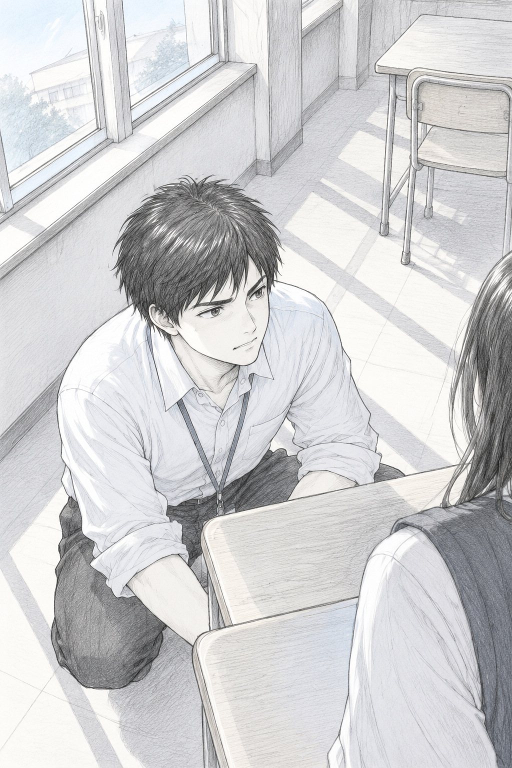 少し上から若い教師。机の横に膝をつき、声を落とす。手前に女の子の背中。