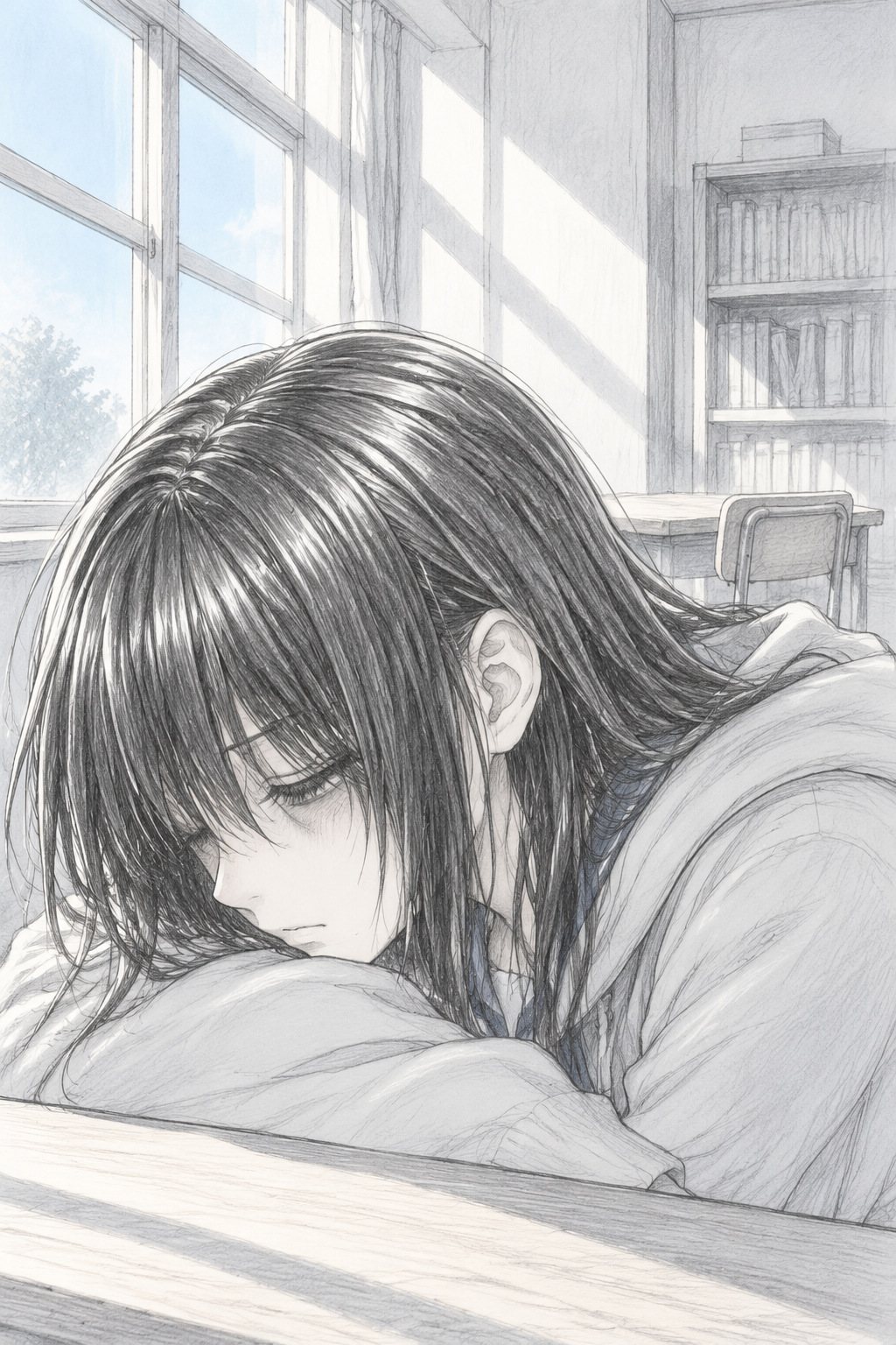女の子の横顔の寄り。腕に頬をのせ、目の下にくま。