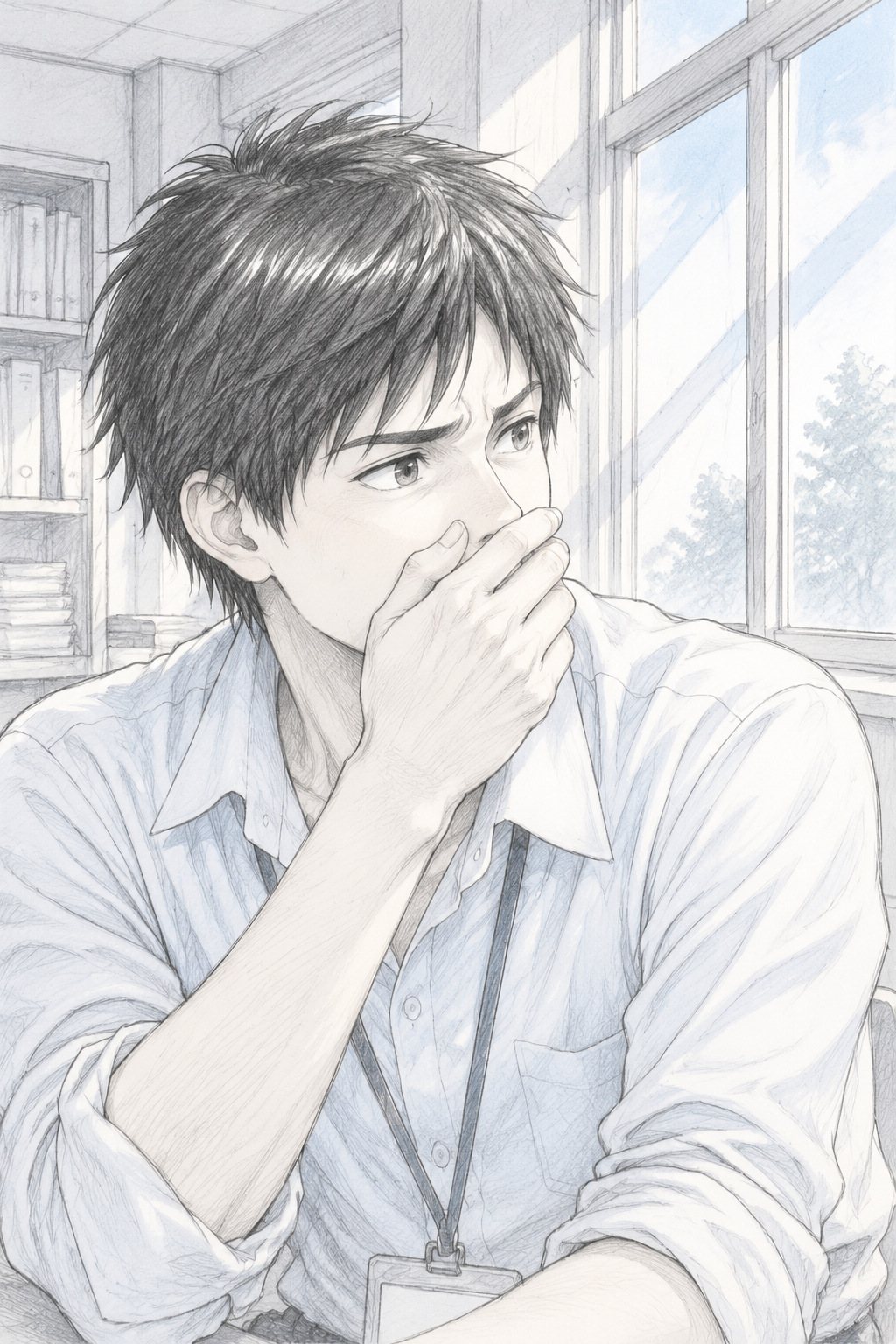 若い教師の顔の寄り。口を開きかけて止め、片手で自分の口元を押さえる。窓の白い光。