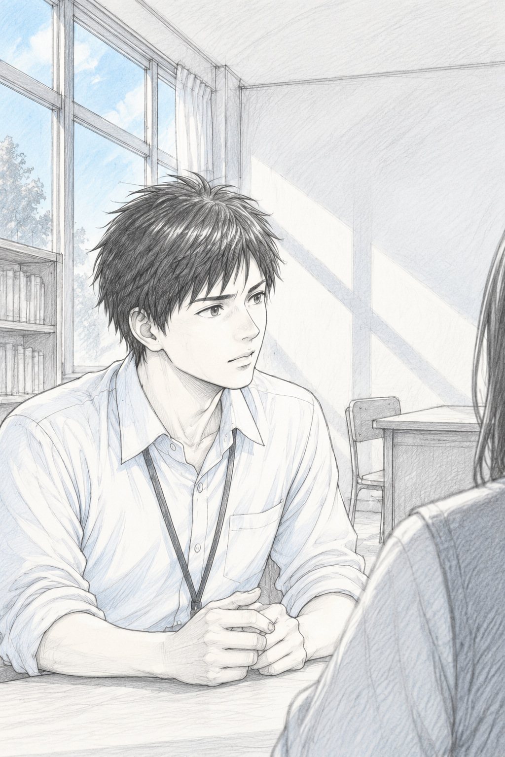 若い教師の胸から上。机の前で両手を組み、言いかけた言葉をのみ込んで聞き直す。