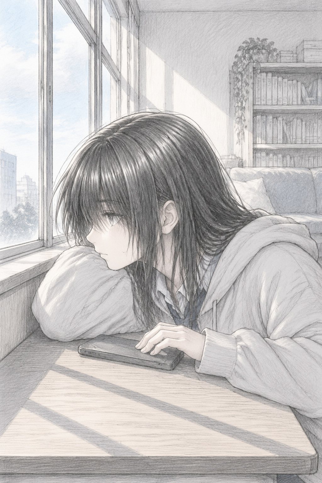 女の子の横顔の寄り。腕に頬をのせたまま、前髪の奥の目が窓の外を見る。伏せたスマートフォンに指先がかかる。