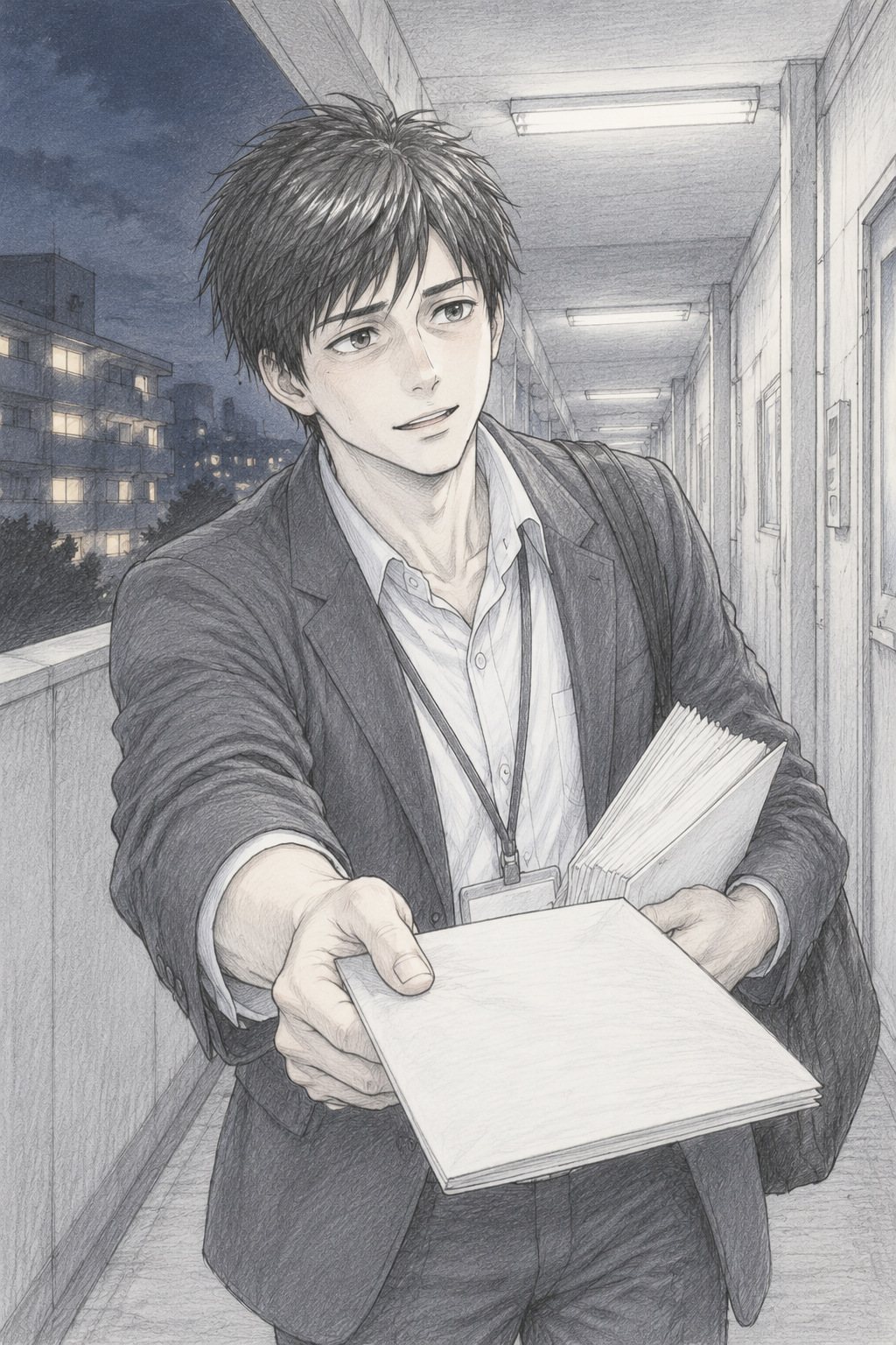 上着の若い教師を少し下から。夜の外廊下で、プリントの封筒を差し出す。奥に明かりのついた団地。