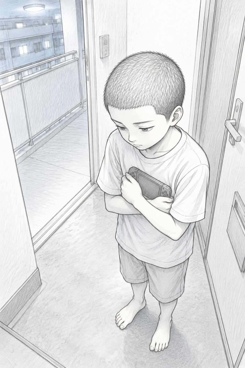 坊主頭の男の子を少し上から。うつむいて、自分のはだしの足元を見る。ゲームの機械を胸に抱える。