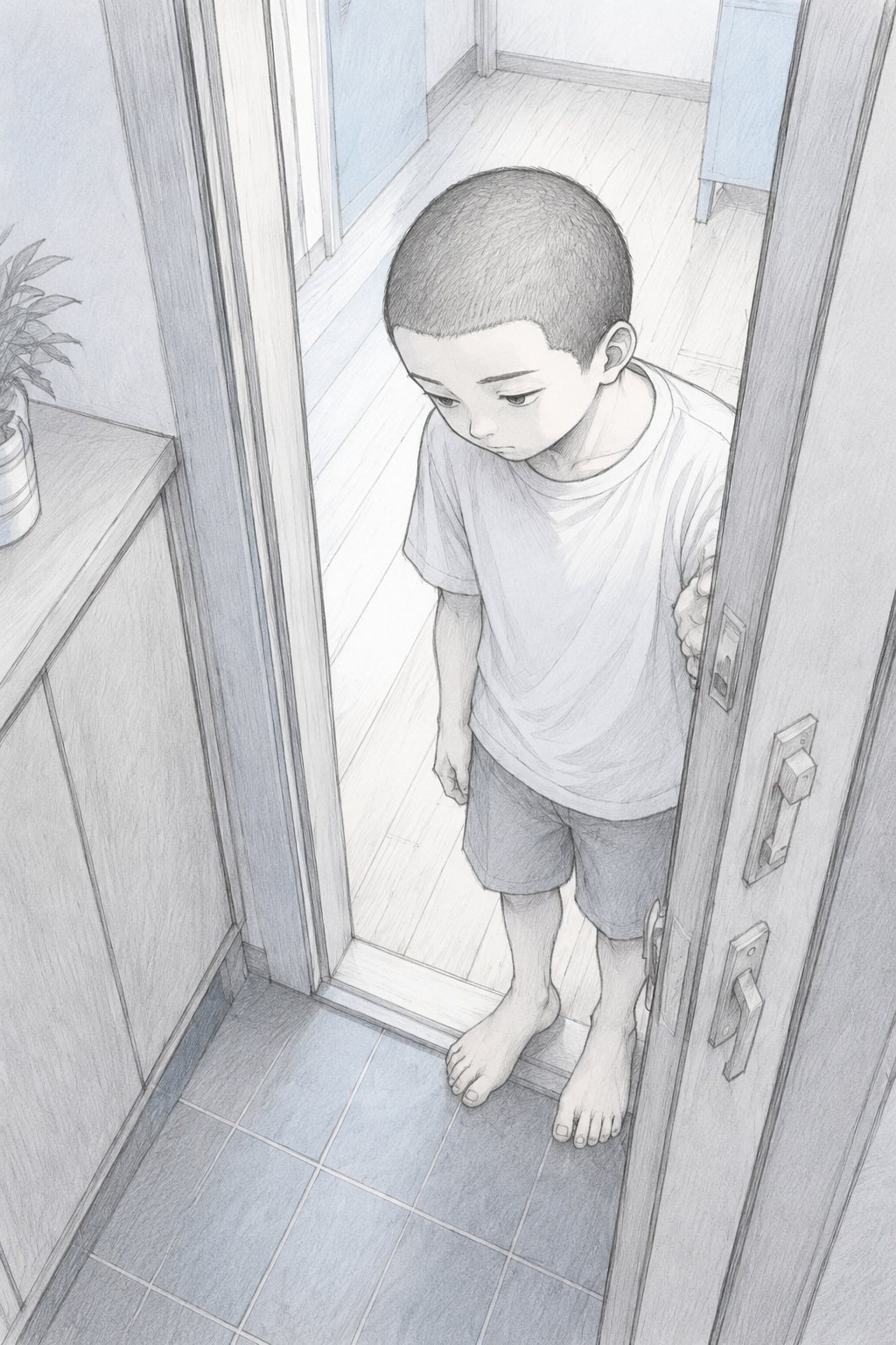 少し上から坊主頭の男の子。戸の隙間で、はだしの足元を見る。