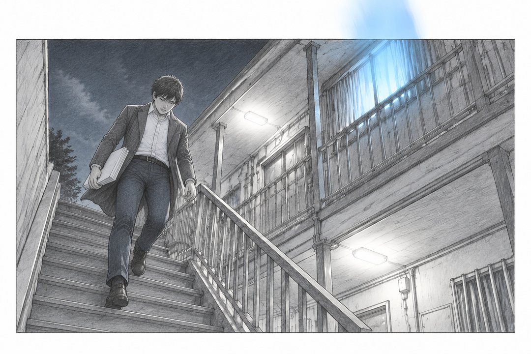 夜の団地の外階段を下から引いて。プリントを持った上着の若い教師が階段を降りていく。2階の窓の1つだけが青白く明るく、光が枠の上へはみ出す。