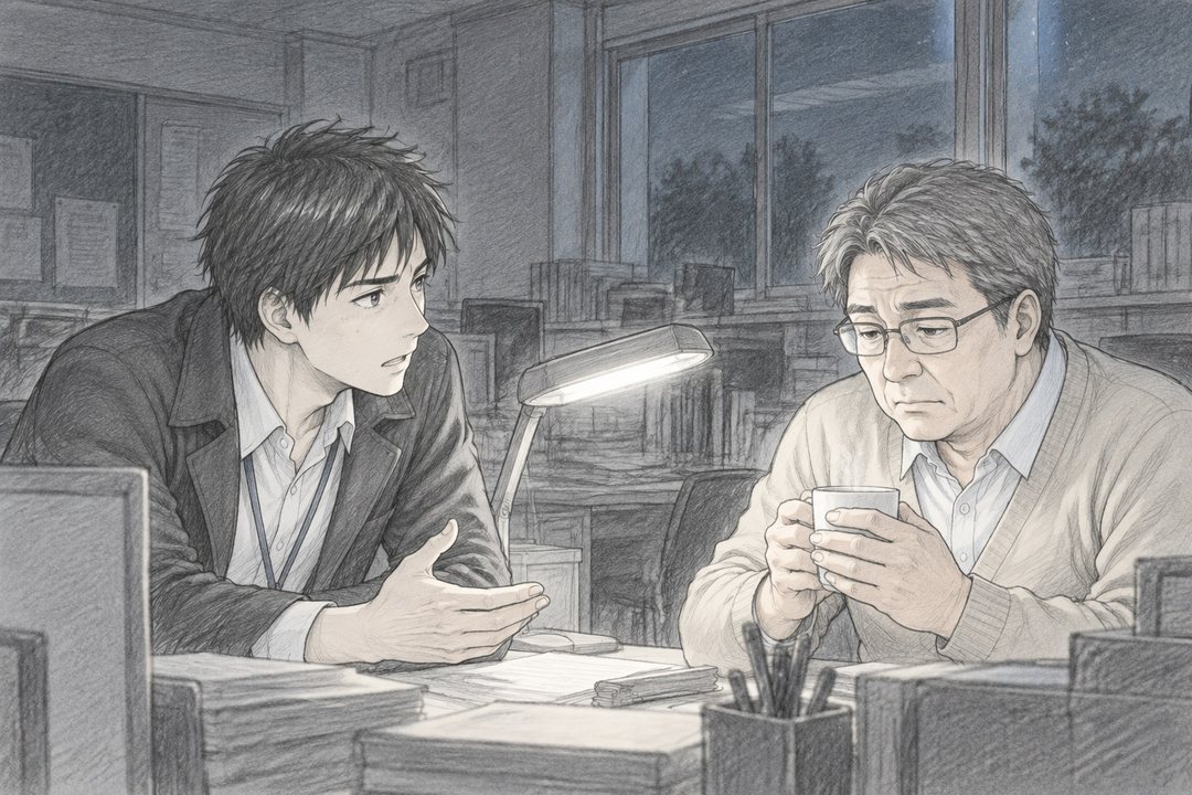 夜の職員室。スタンドの白い明かり。白髪まじりの眼鏡の男性がカップを両手で持って座り、机の向かいで、上着を着た若い教師が身を乗り出して話している。窓の外は夜。