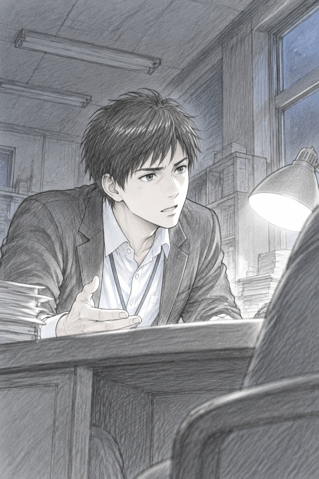 若い教師を机の高さから。上着のまま身を乗り出して話す。夜の職員室。
