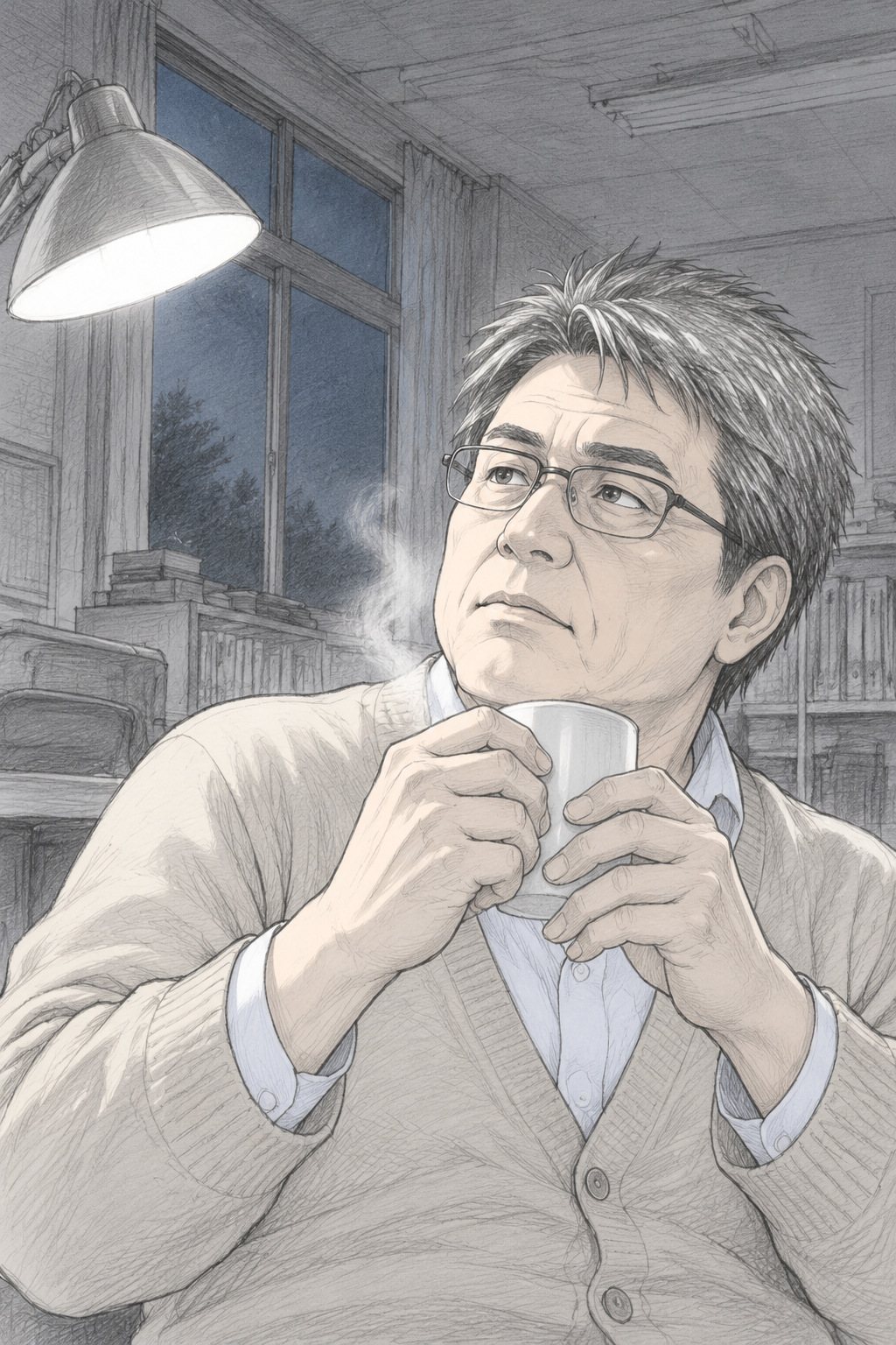 学年主任の顔の寄り。眼鏡の奥の目で、カップの湯気越しに若い教師を見上げる。口元は笑っていない。