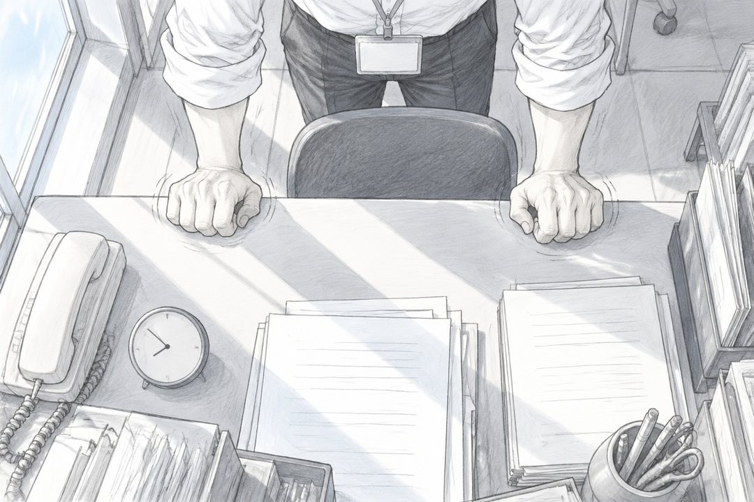 朝の職員室の机を上から。電話の受話器は置かれたまま。机の上の置き時計は7時52分。若い教師の両手が、机の端を握っている。