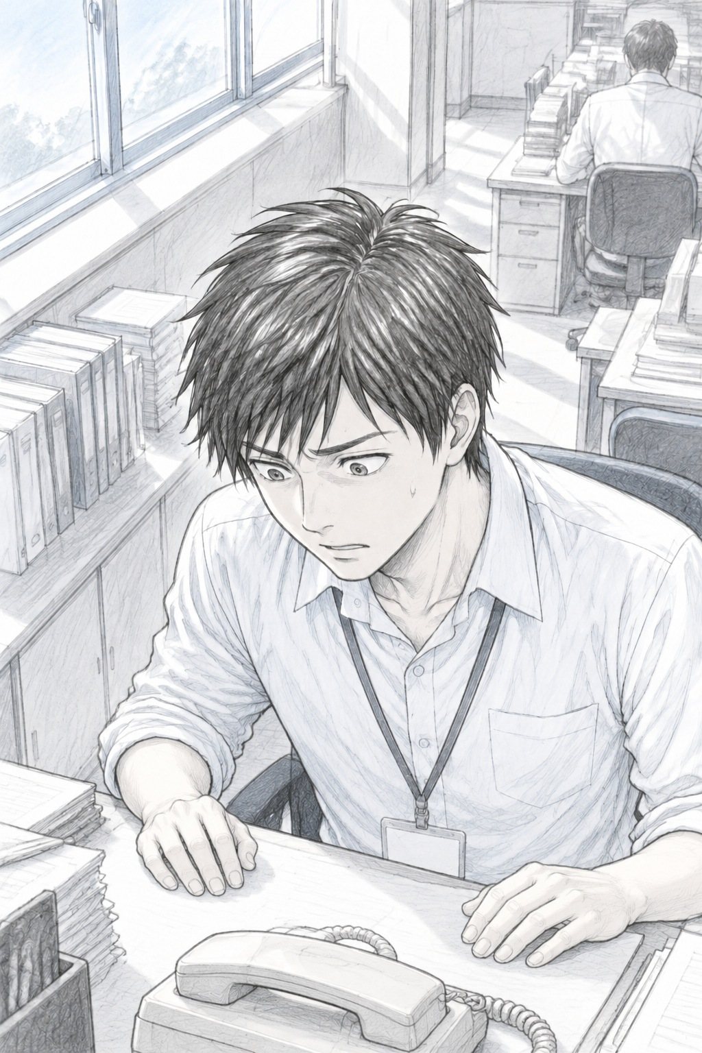 若い教師を少し上から。動かない電話を見つめる目。額に汗。