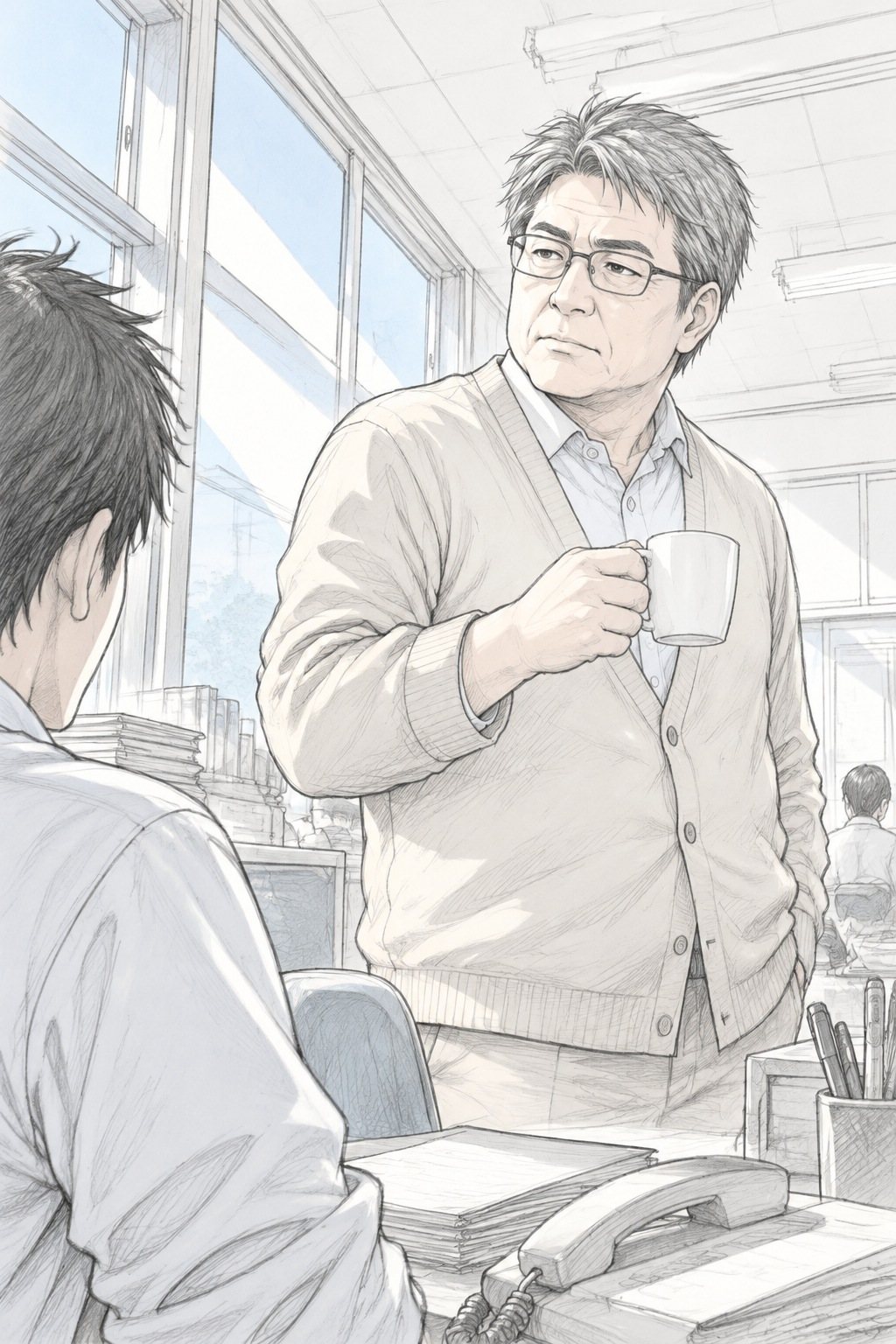 学年主任を少し下から。カップを持って、若い教師の机の横に立つ。朝の光。