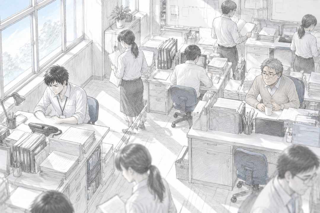 朝の職員室を高い所から引いて。ほかの先生たちが行き来する中で、窓際の机の若い教師だけが、鳴らない電話の前で止まっている。奥の机で、白髪まじりの男性もカップを置いて電話の方を見ている。