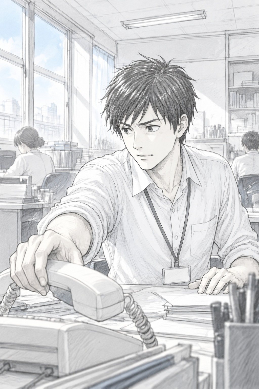 朝の職員室。若い教師が鳴った電話の受話器を急いで取る。奥で先生たちが机に向かう。窓の白い朝の光。
