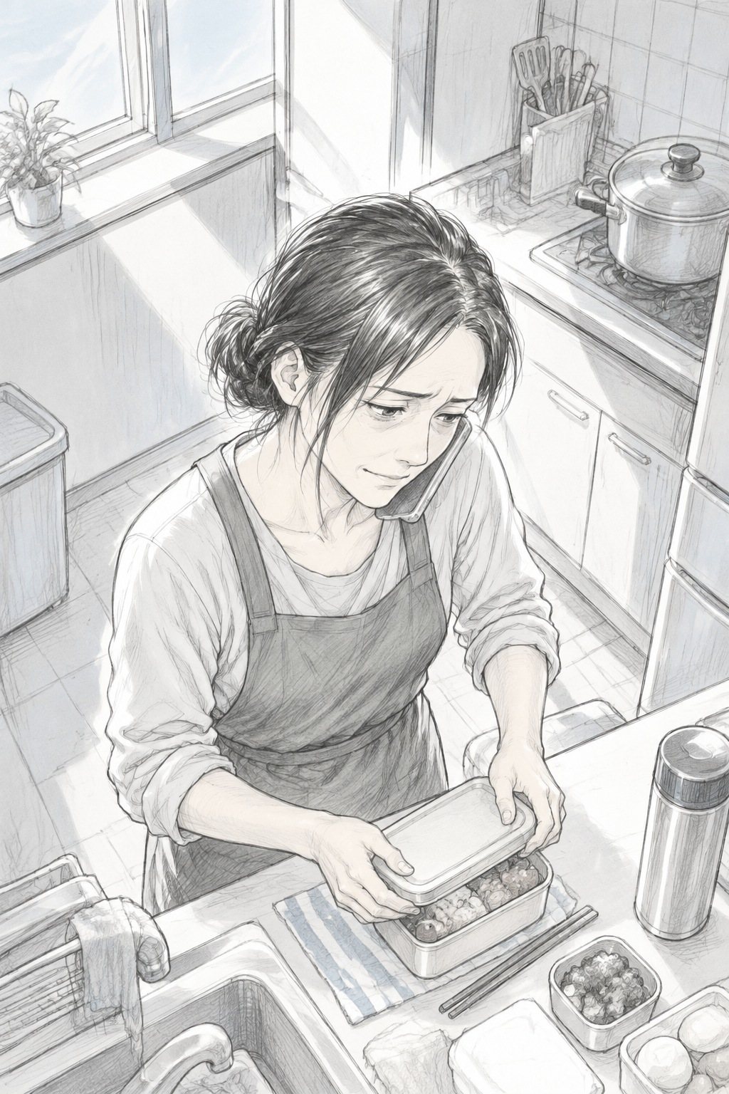 少し上から女性。朝の台所で、エプロン姿でスマホを肩に挟み、弁当の蓋を閉める。