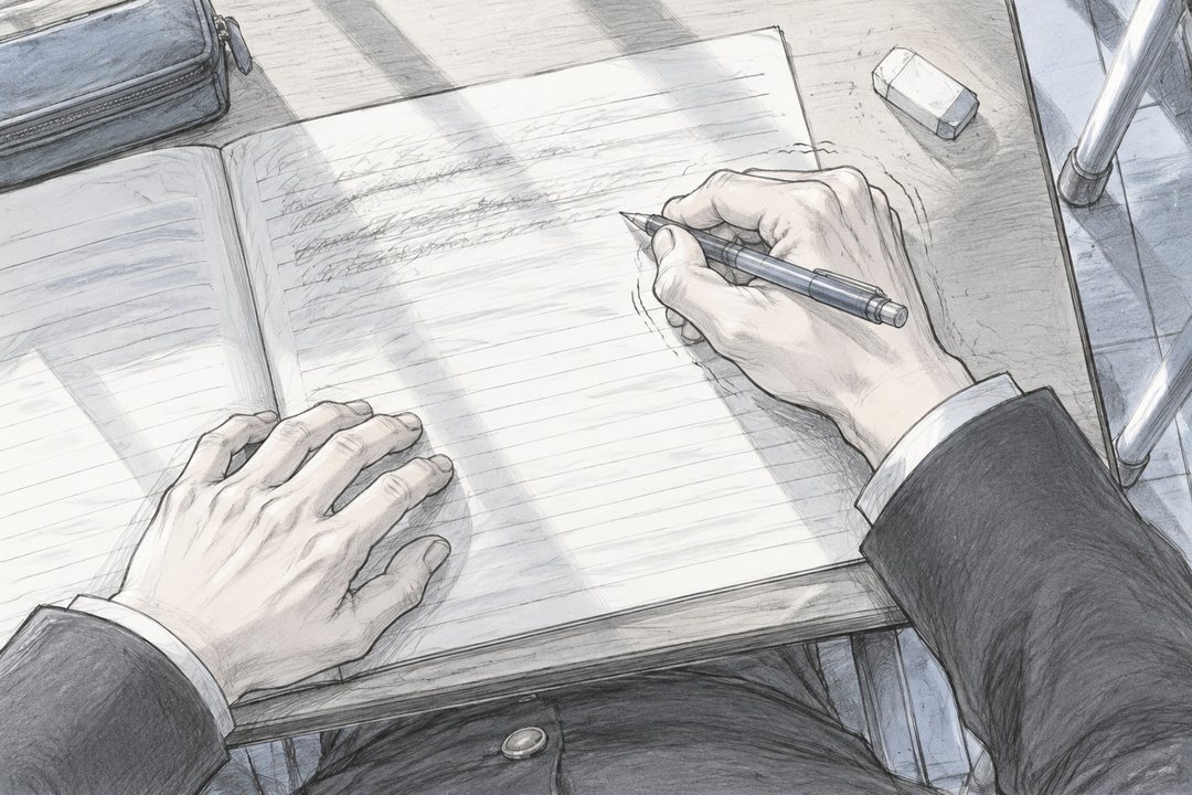 男子のノートの寄り。何度も消した跡で紙が薄くなり、線がかすれている。鉛筆を握る指に力が入っている。