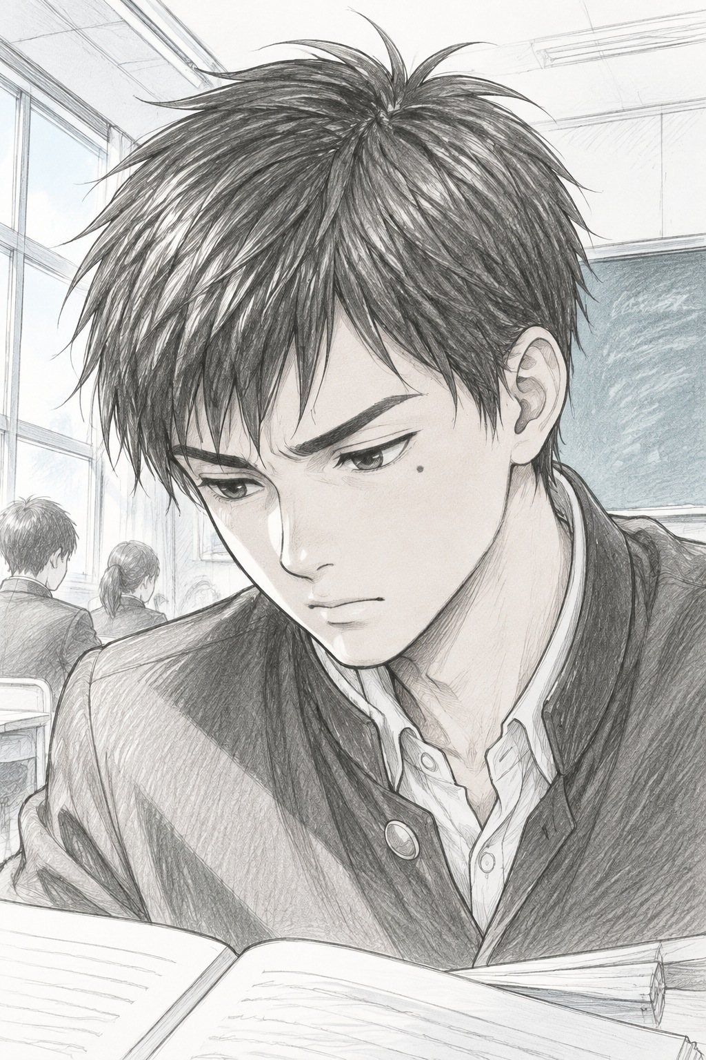 男子の顔の寄り。眉を寄せ、机のノートに目を落とす。目の下にほくろ。