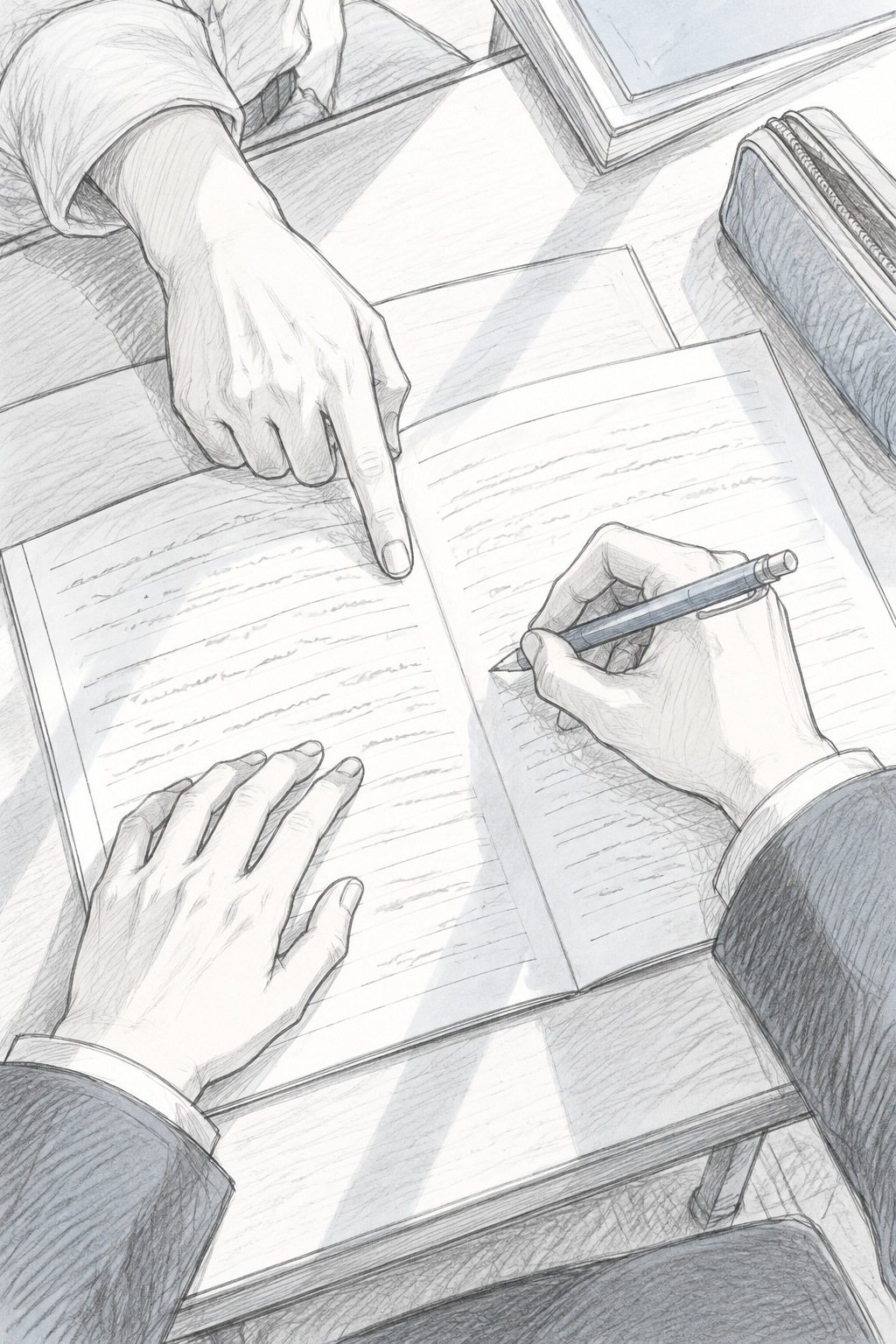真上から男子の机。線だけのノート（字は読めない）を教師の指が指す。男子の手が鉛筆を握ったまま止まる。